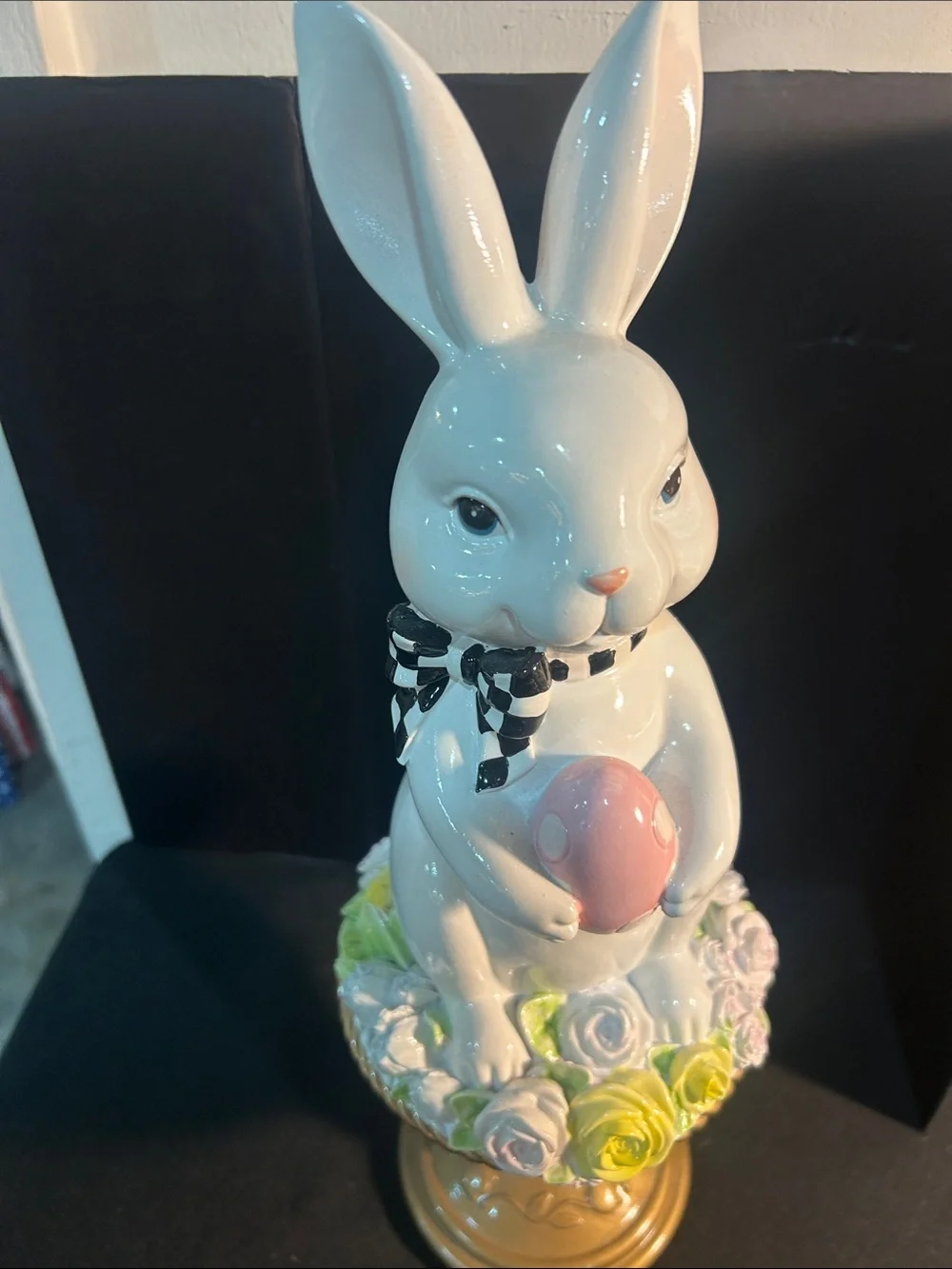 White Ceramic Bunny Figurine with Pink Egg and Gold Base -